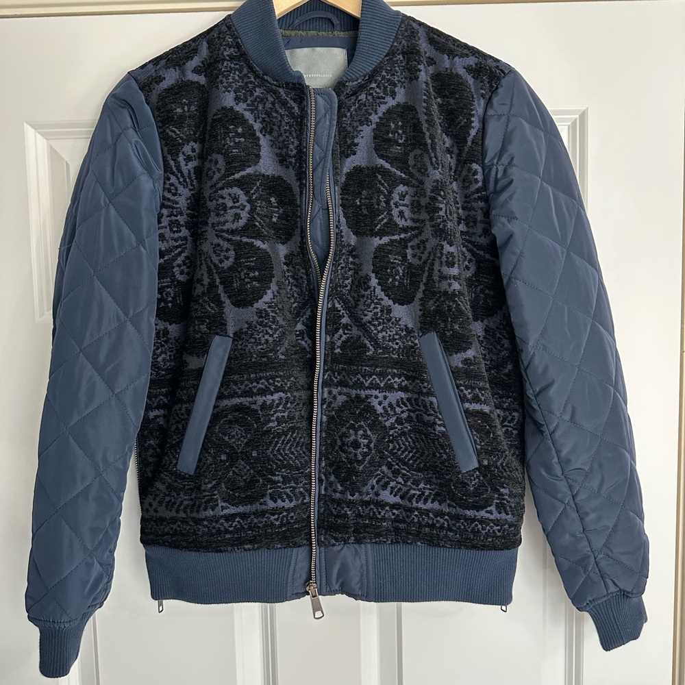 Anthropologie Bomber Jacket in Blue and Black with Velvet Pattern